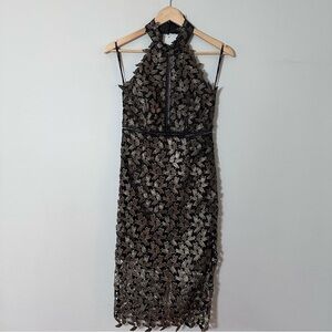 Bardot Gold Leaf Halter Sheer Black Midi Dress Size US 4/XS Night Out Dress Gala